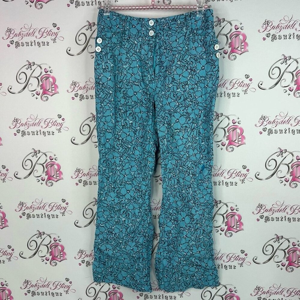 Etcetera pants flowers floral Blue Patterned bottoms pocketed white buttons